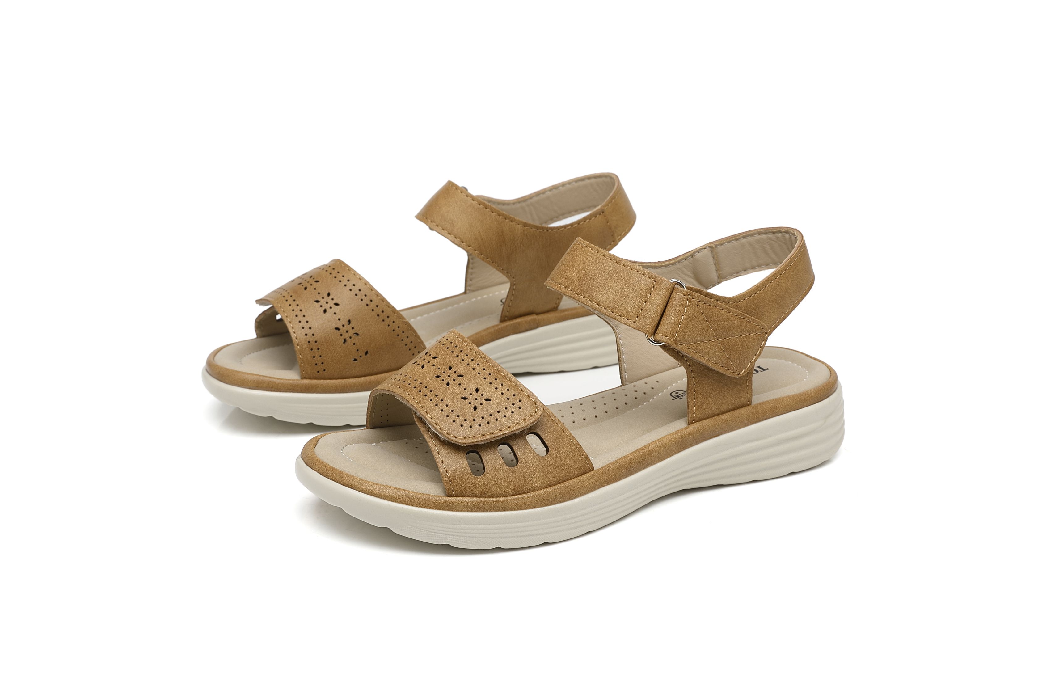 Ivachy Adjustable Strap & Cushioned Hook And Loop Comfort Wedge Sandals In Came