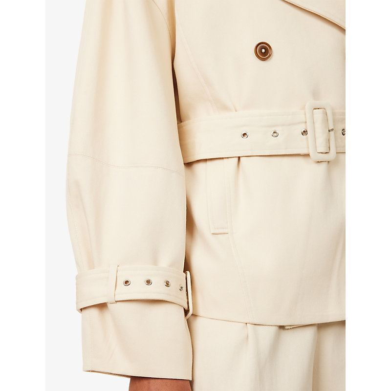 Womens Stone Double-Breasted Removable-Belt Cotton-Blend Trench Jacket