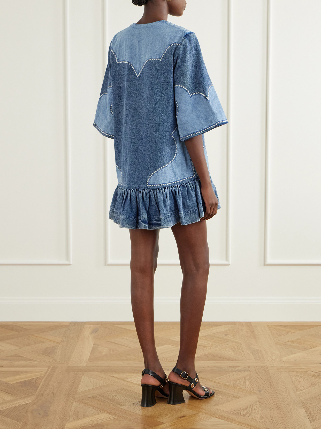 Jesse Ruffled Embroidered Denim Mini Dress - Blue