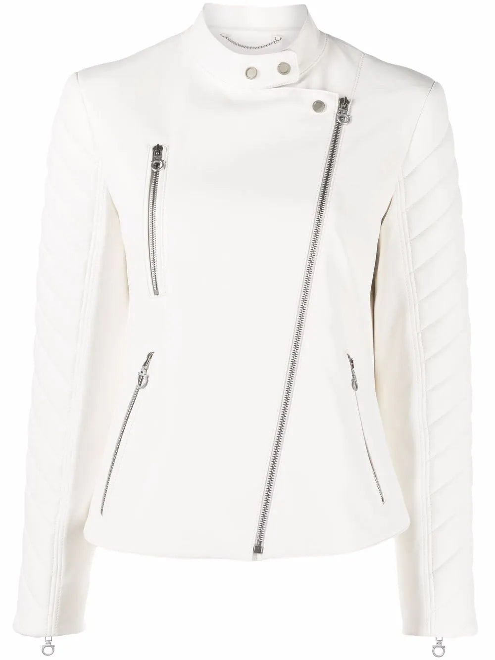 Asymmetric Zip Leather Biker Jacket — White