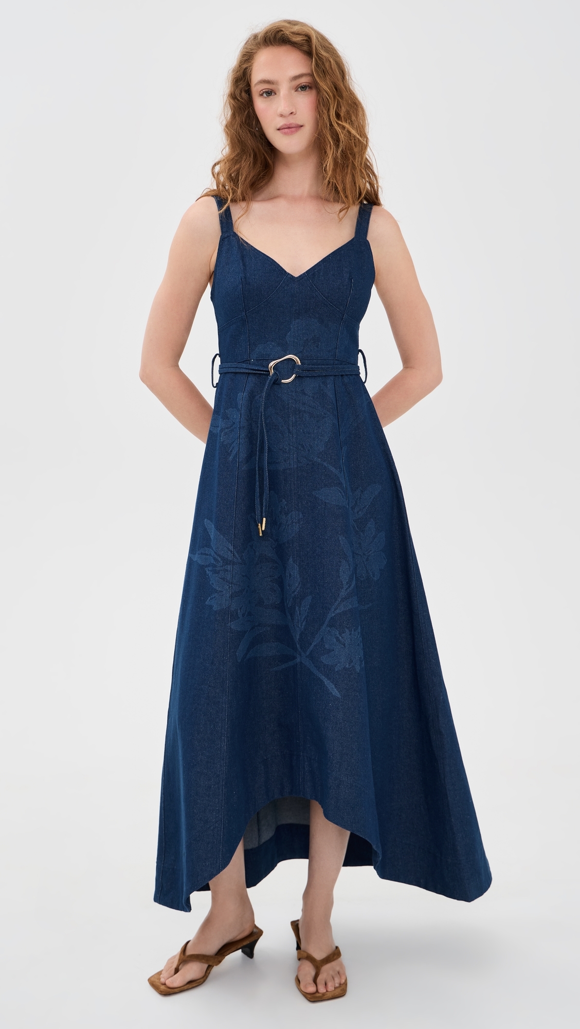 Self Belt Midi Denim Dress Indigo