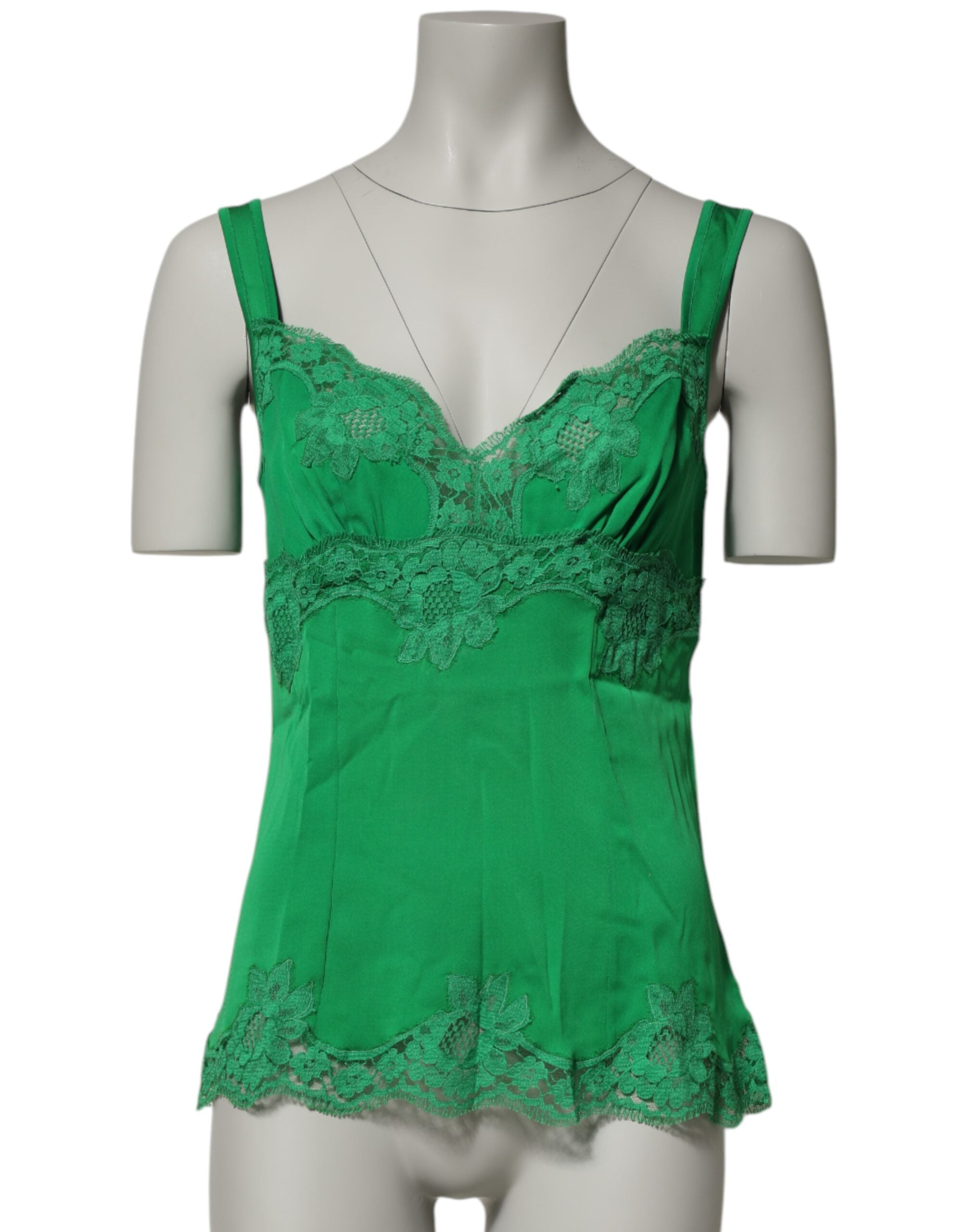 Floral Lace-Trimmed Silk Tank Top — Green