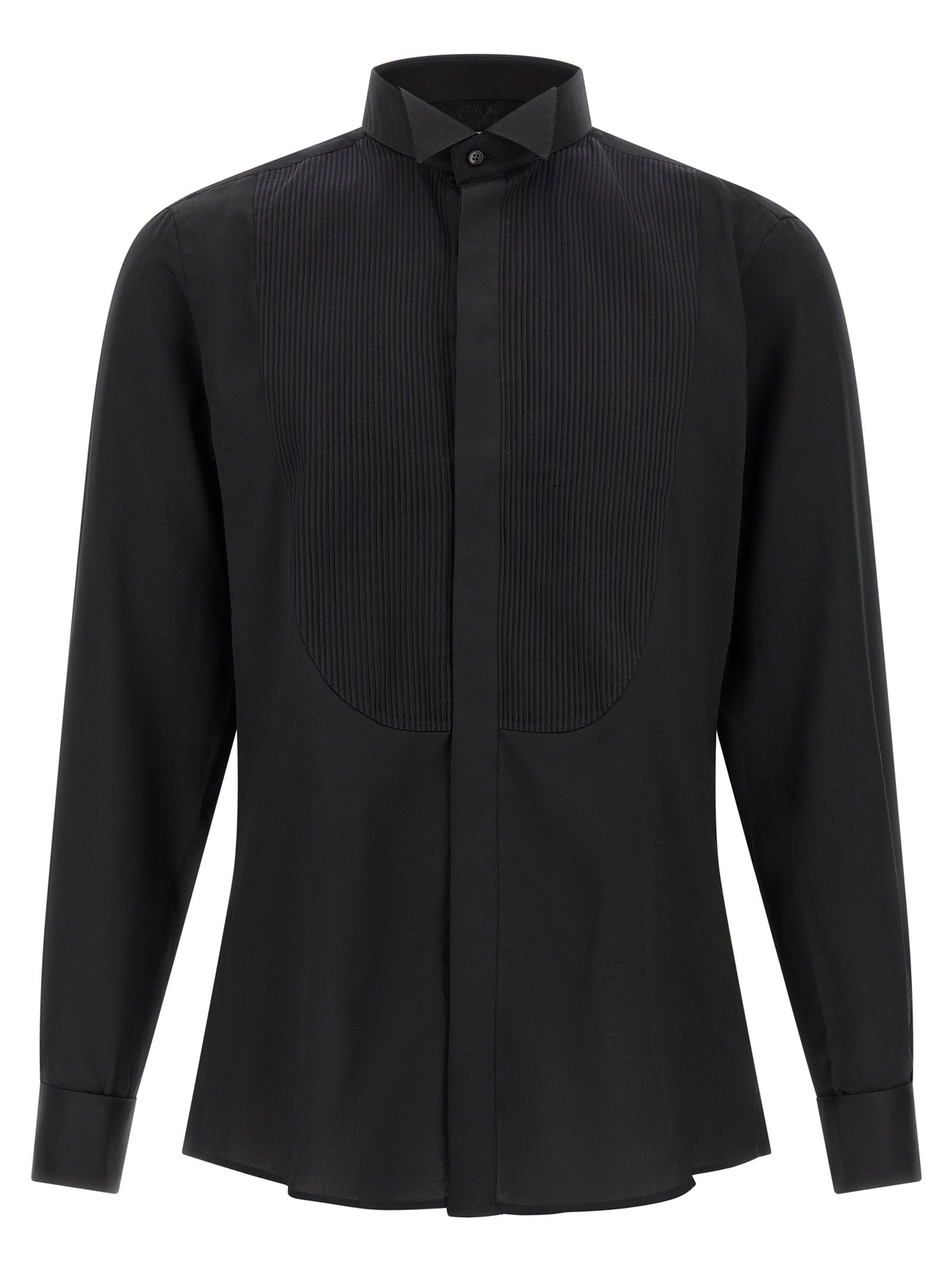 Pleated Plastron Tuxedo Shirt — Black