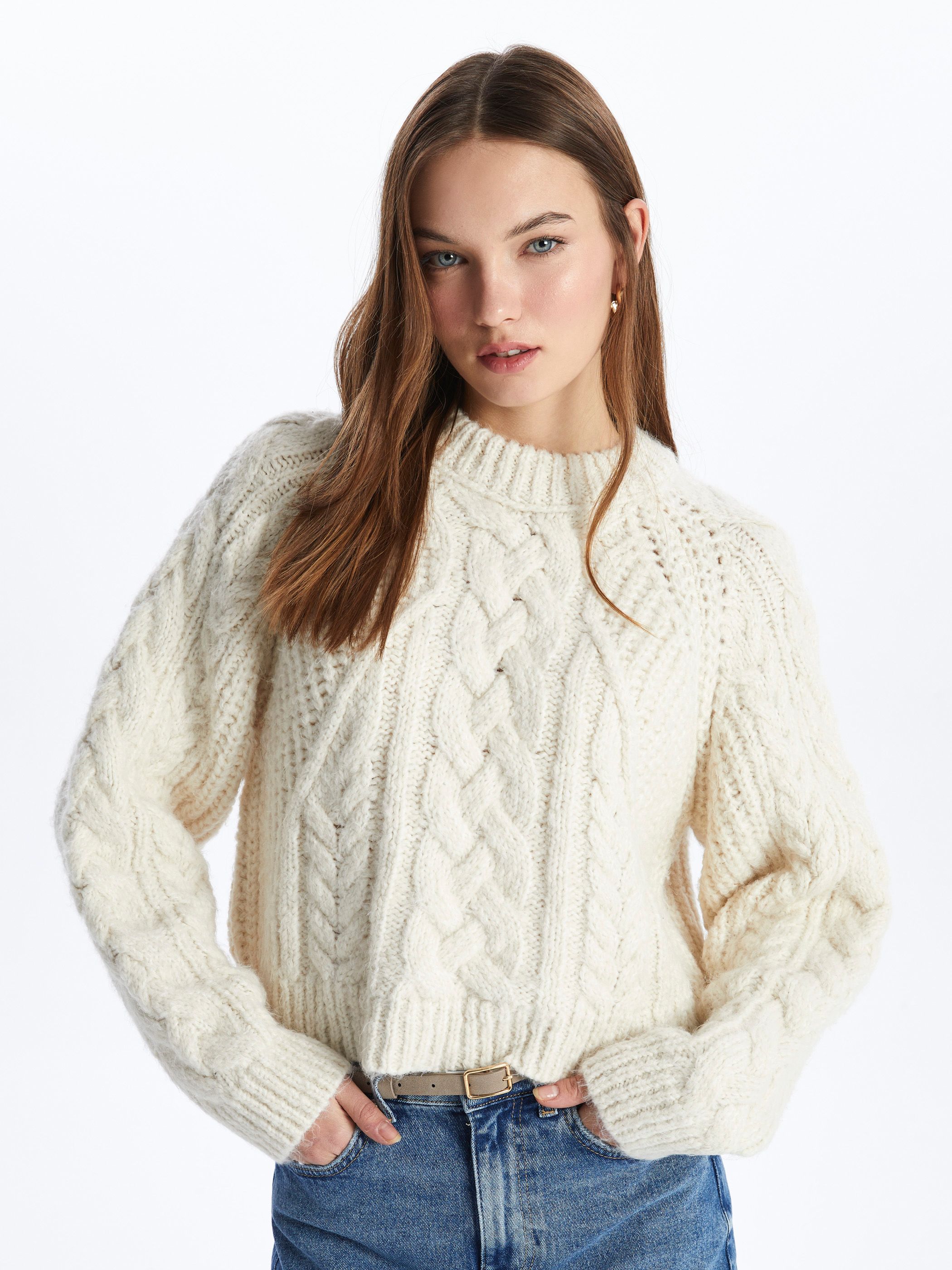 Dexia Crew Neck Cable Knit Soft Textured Ecru Sweater