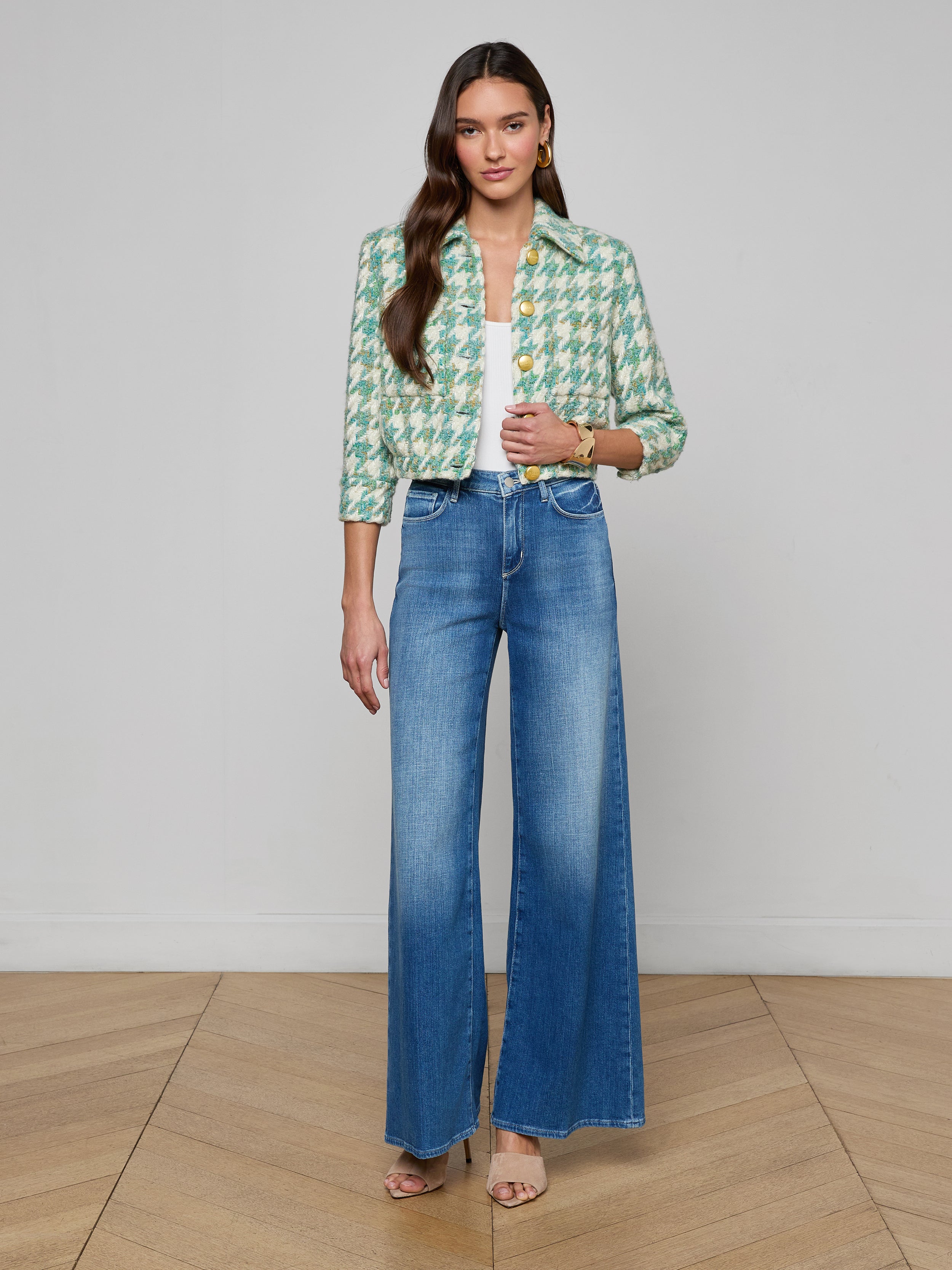 Jia Houndstooth Tweed Jacket In Dusty Jade Multi Houndstooth