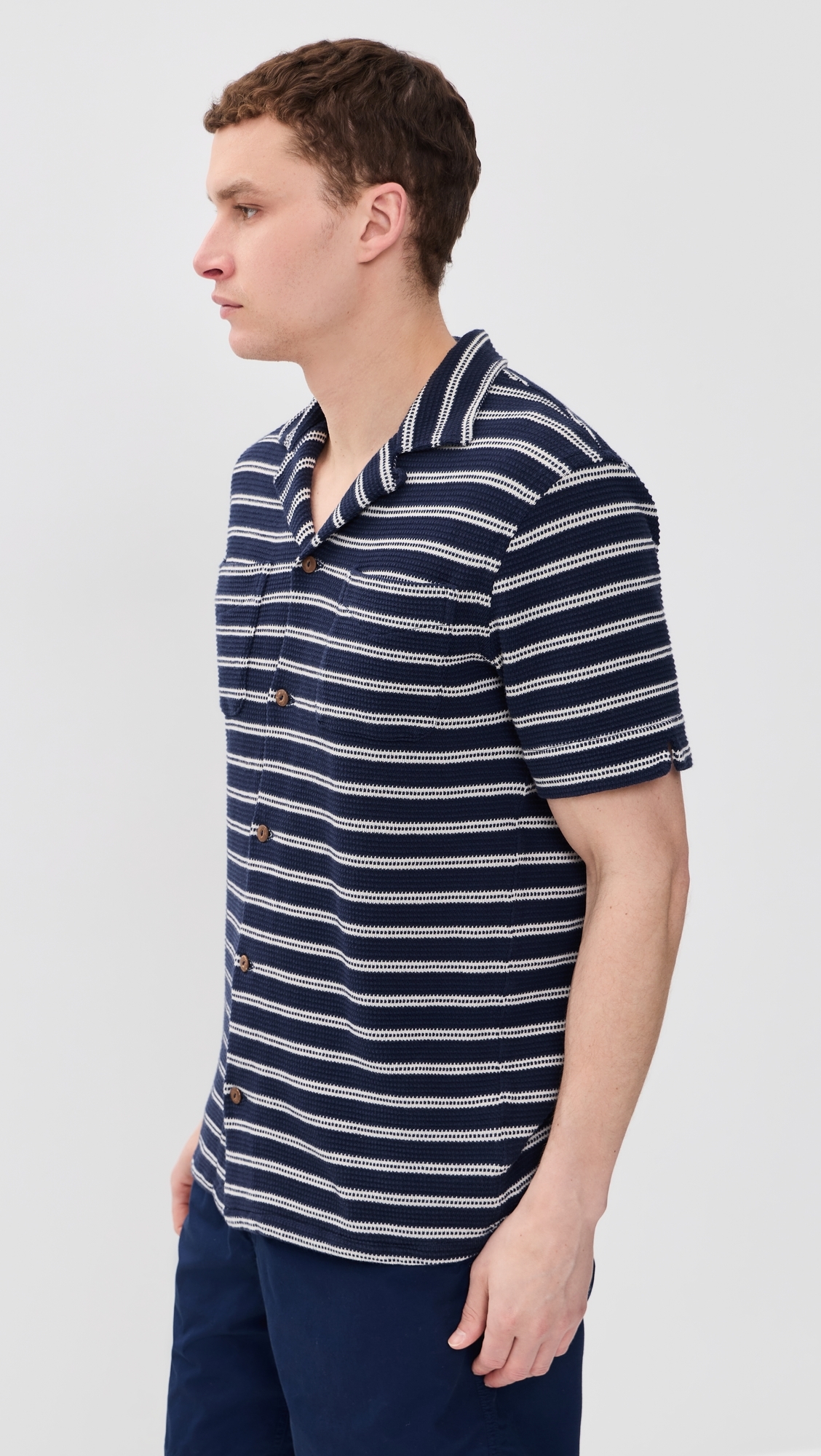 Short Sleeve Stripe Knit Collared Shirt Newport Navy/Pale Cream