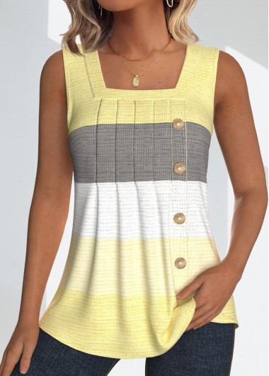 Modlily Dusty Pink Button Striped Sleeveless Square Neck Tank Top