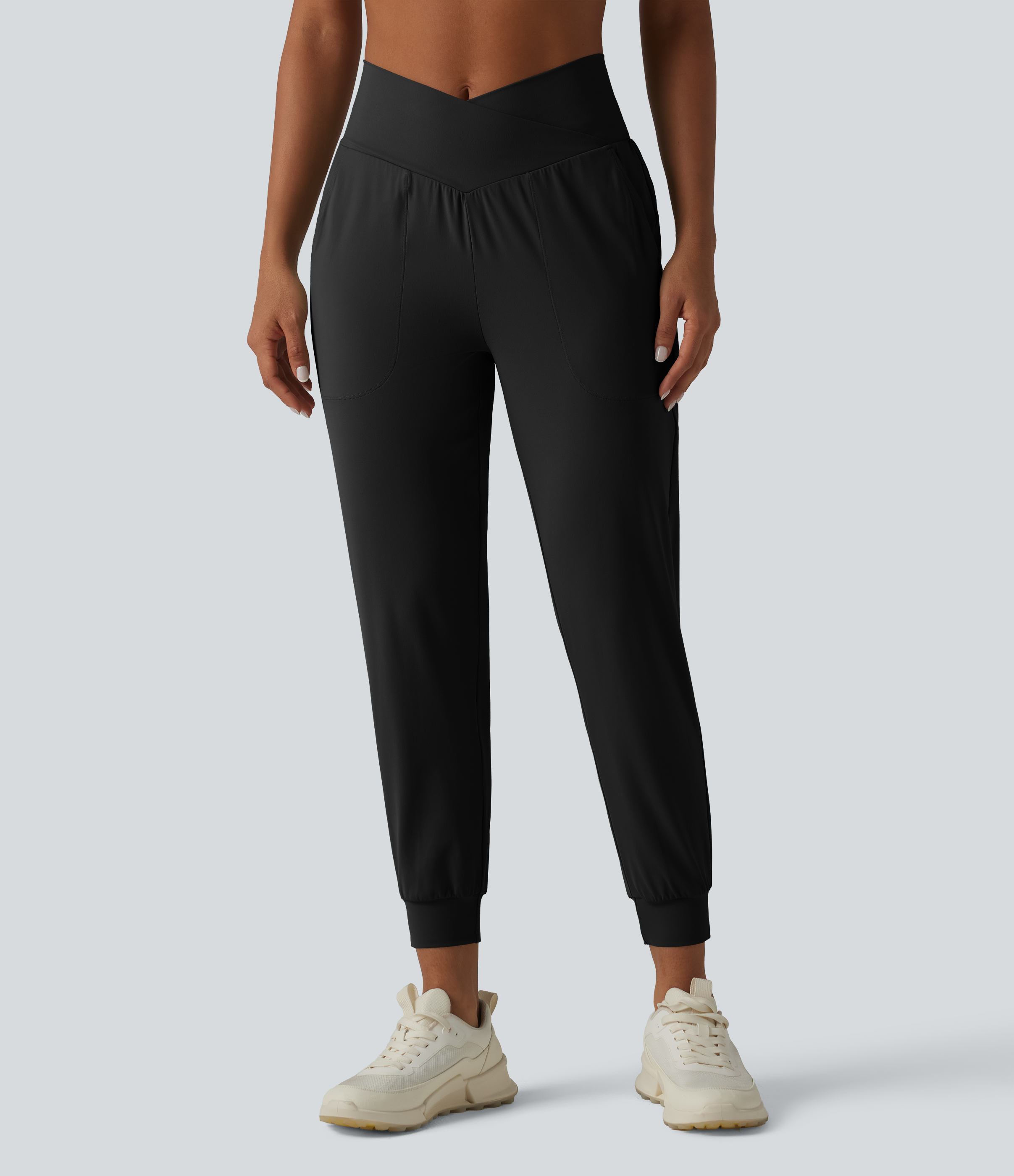 SoftlyZero™ High Waisted Crossover Tapered Yoga Joggers with Pockets-UPF50+  - Black