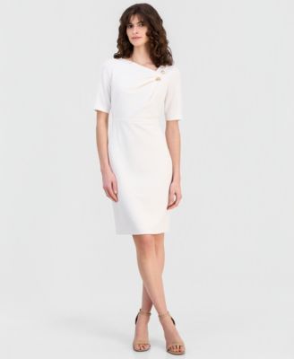 Womens Asymmetric Neck Elbow Sleeve Dress