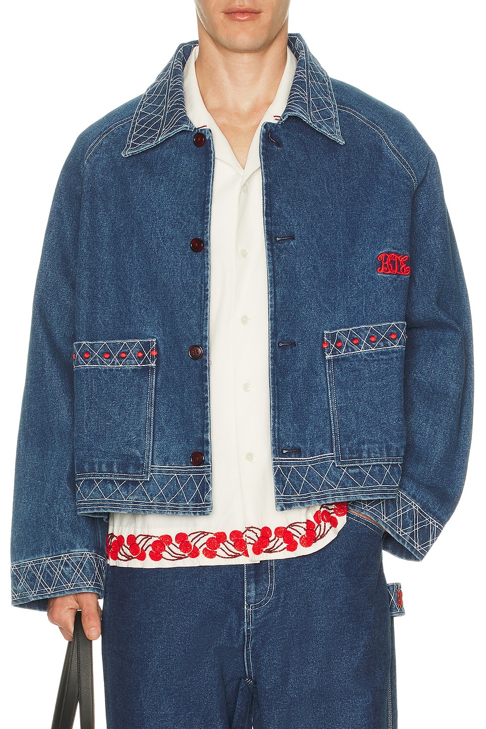 BODE Embroidered Denim Jacket in Indigo - Blue. L also in XL/1X
