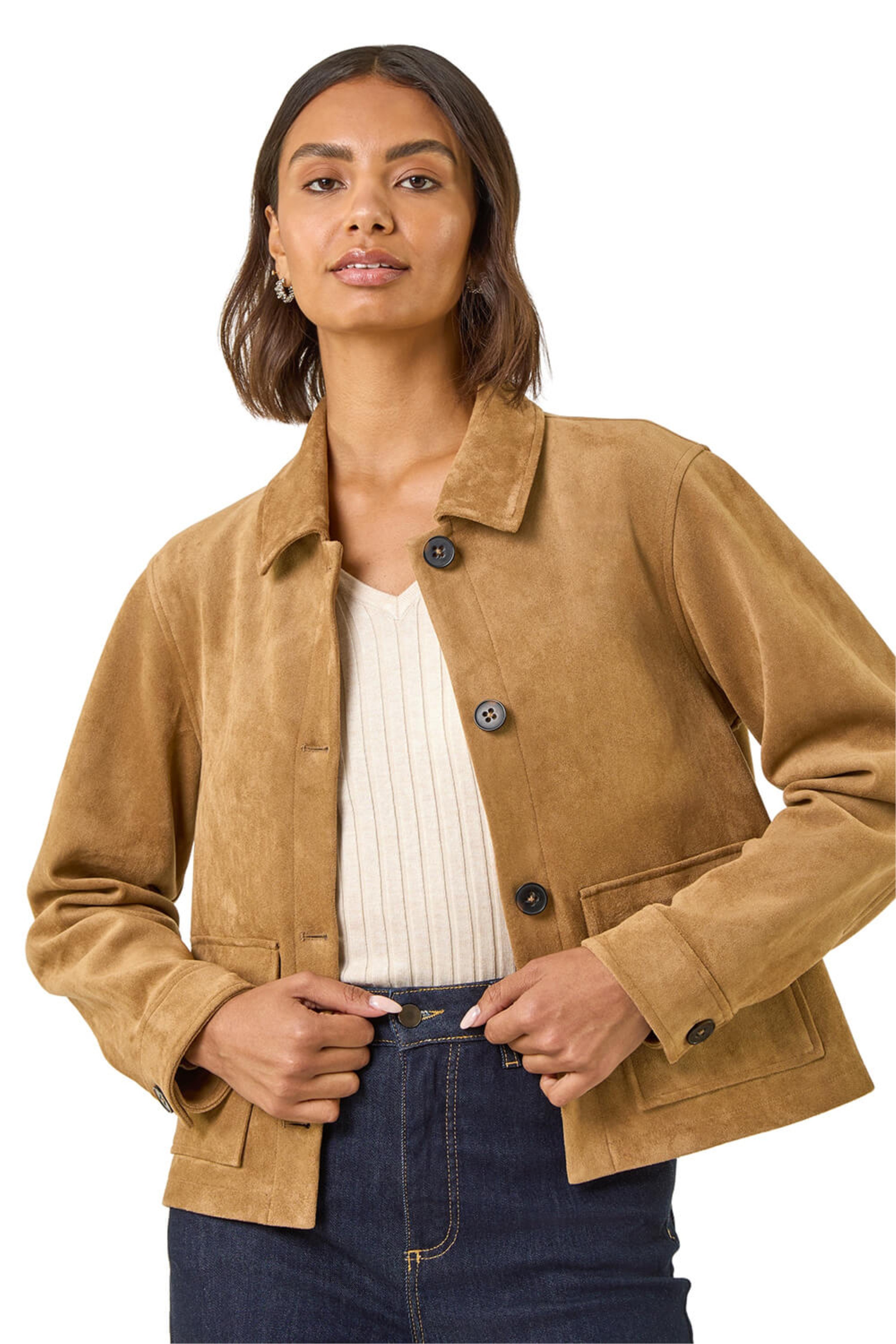 Roman Womens Suedette Button Jacket - Stone