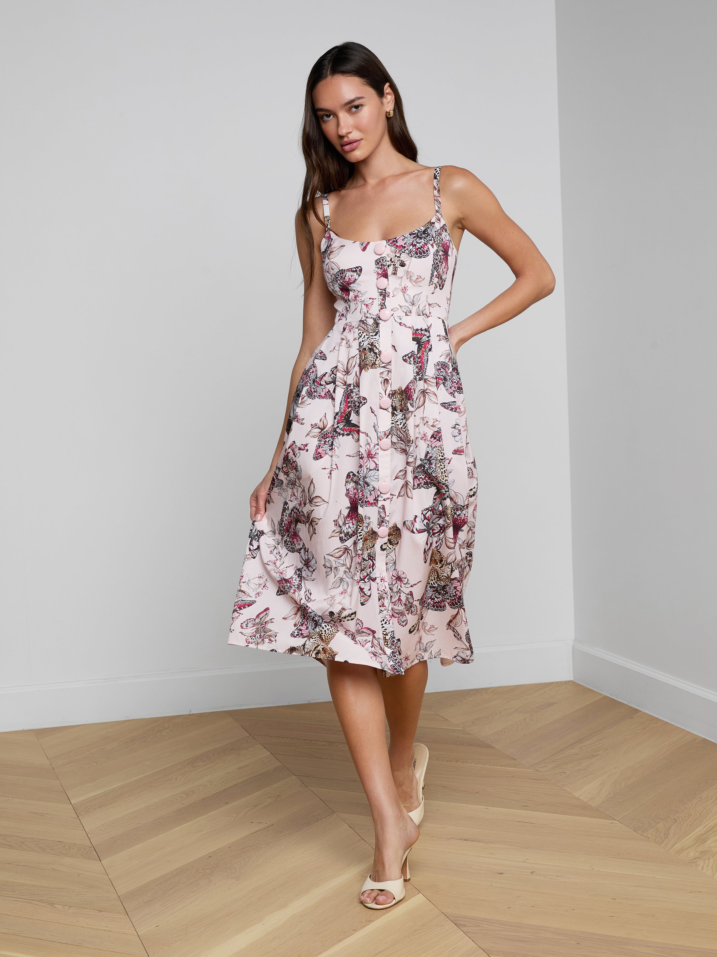 Reanne Midi Dress In Light Nectar Pink Multi Large Butterfly Jungle
