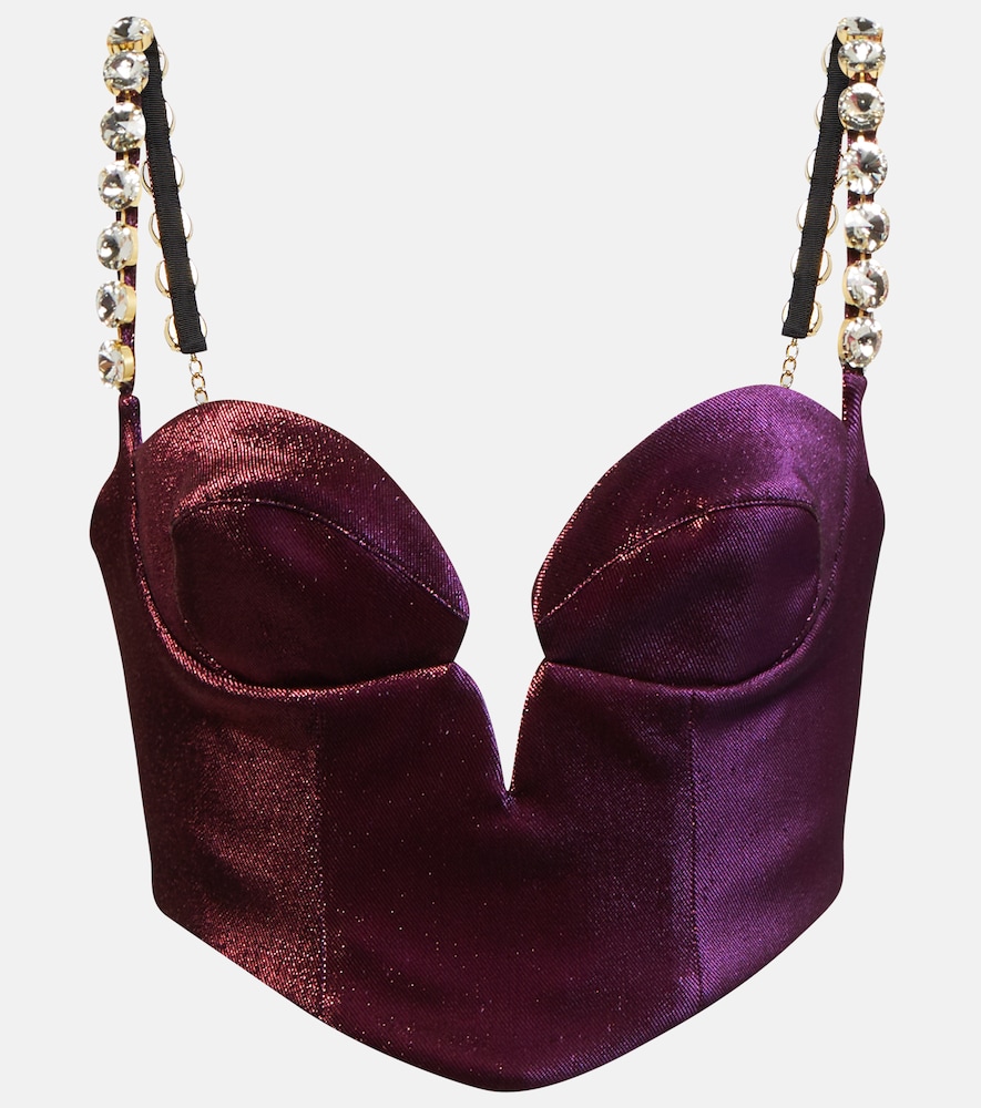 Area Embellished cotton-blend cropped top