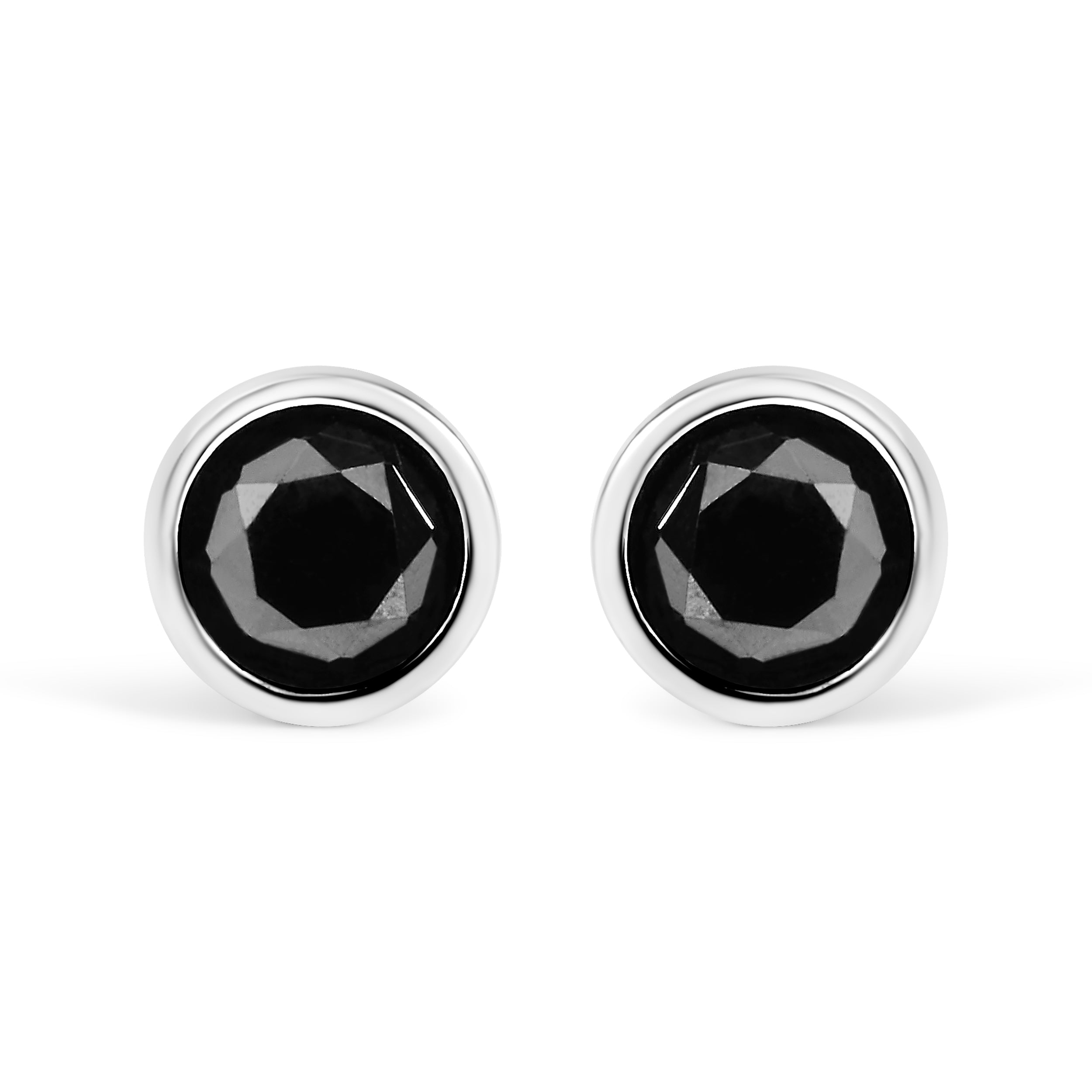 14K White Gold Round Brilliant-Cut Black Diamond Bezel-Set Stud Earrings with Screw Backs