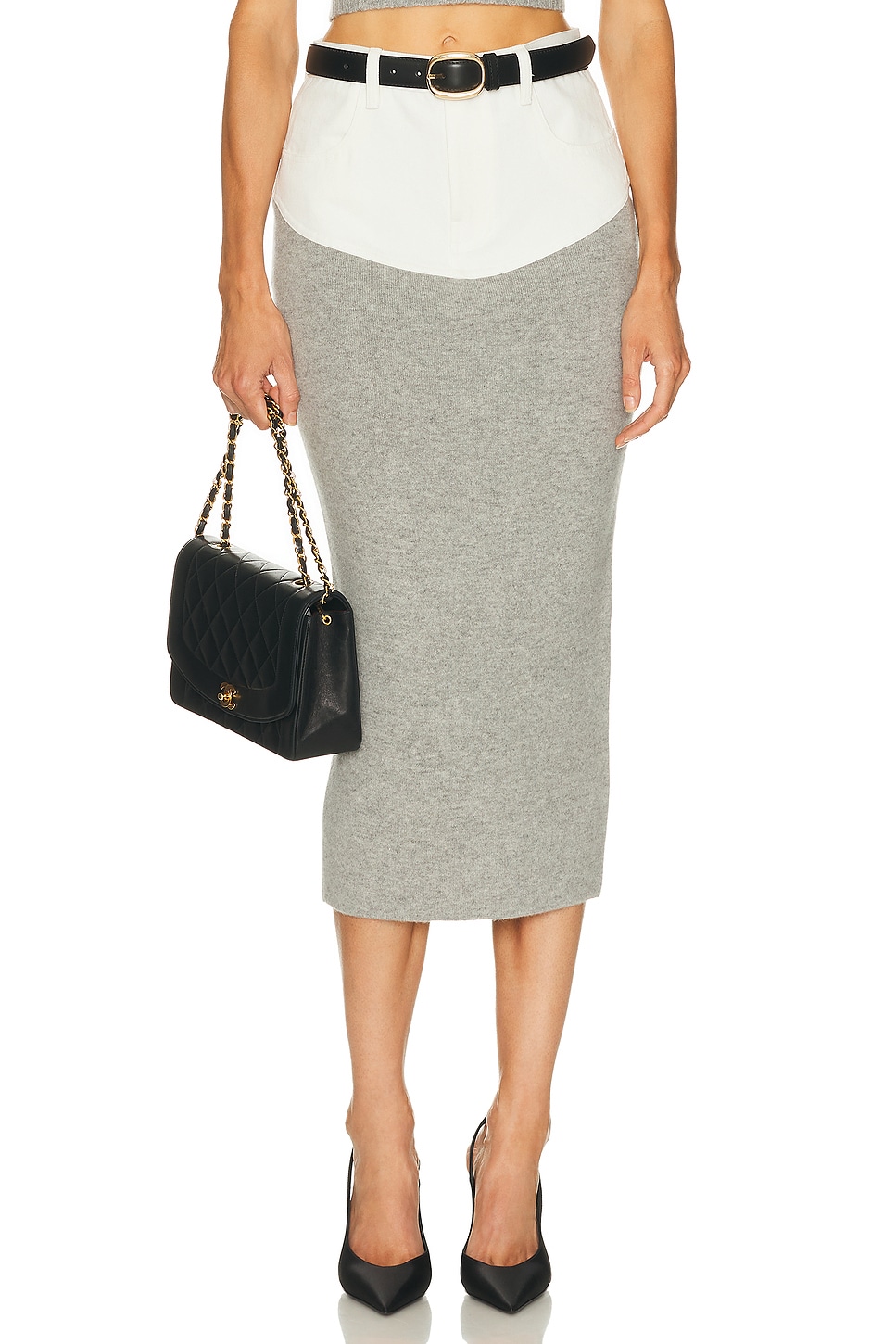 Self-portrait Knit Denim Insert Midi Skirt in Grey - White,Light Grey. XS also in