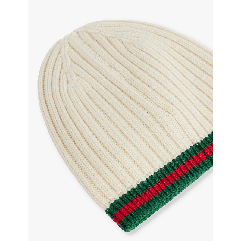 Off White/d.green Web-stripe Ribbed-knit Wool Beanie Hat