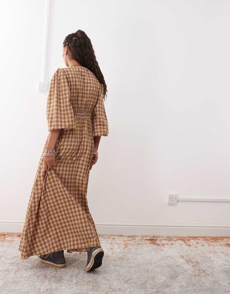 Reclaimed Vintage Womens maxi smock dress with tie front detail in yellow and pink check - Multicolour