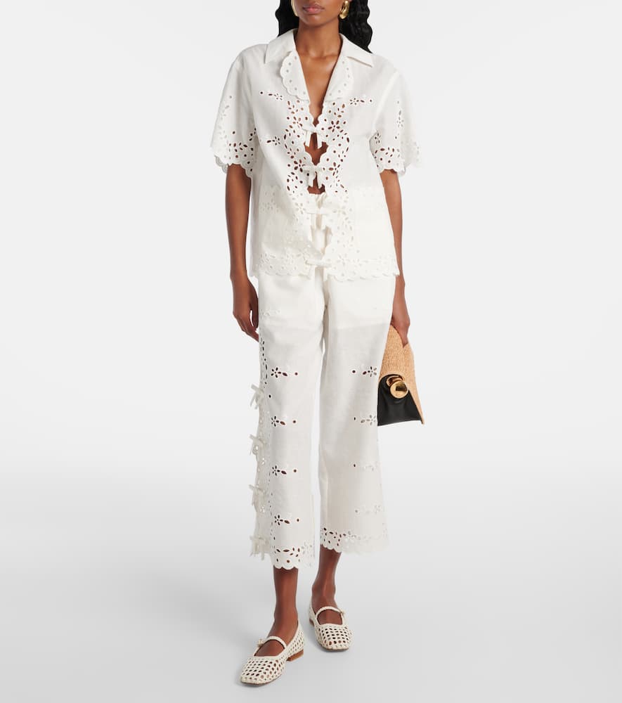 Self-Portrait Embroidered cutout linen and cotton top