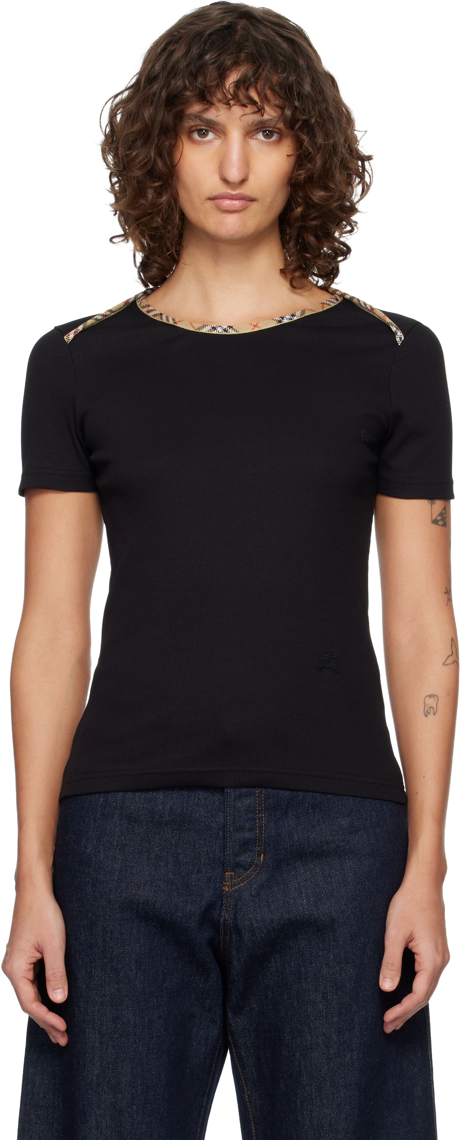 Black Check Trim Stretch Cotton T-shirt