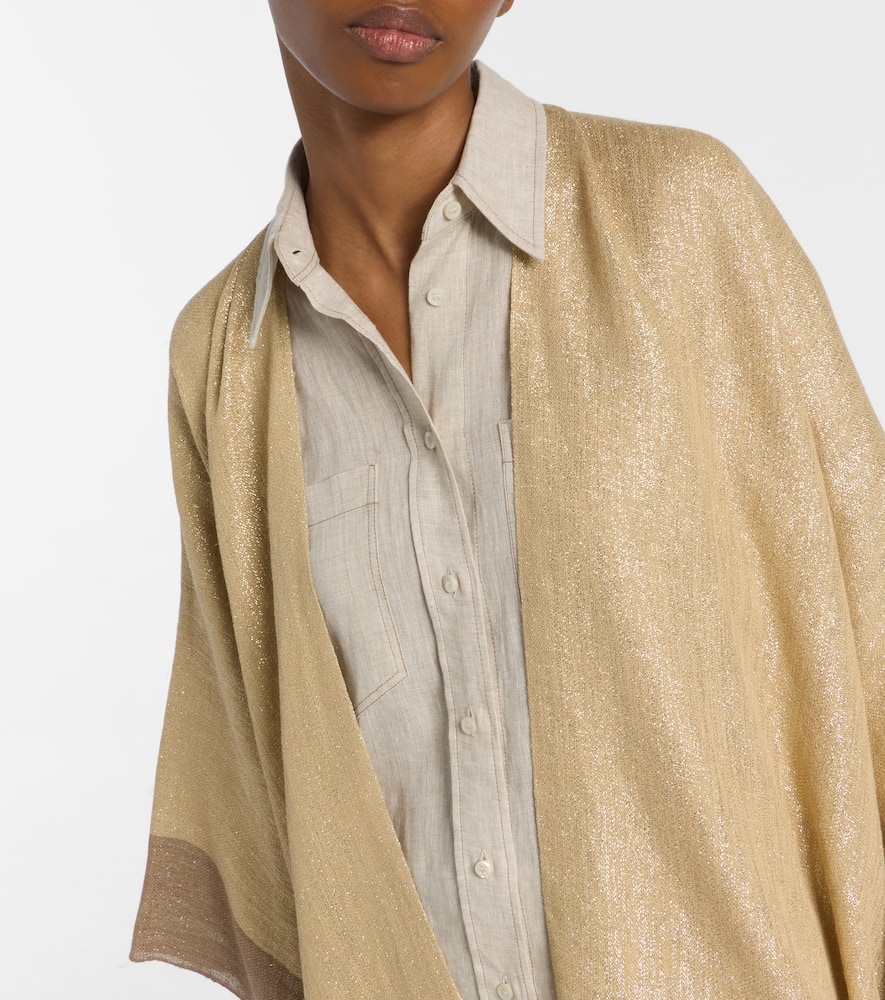 Fringed linen-blend lamé poncho