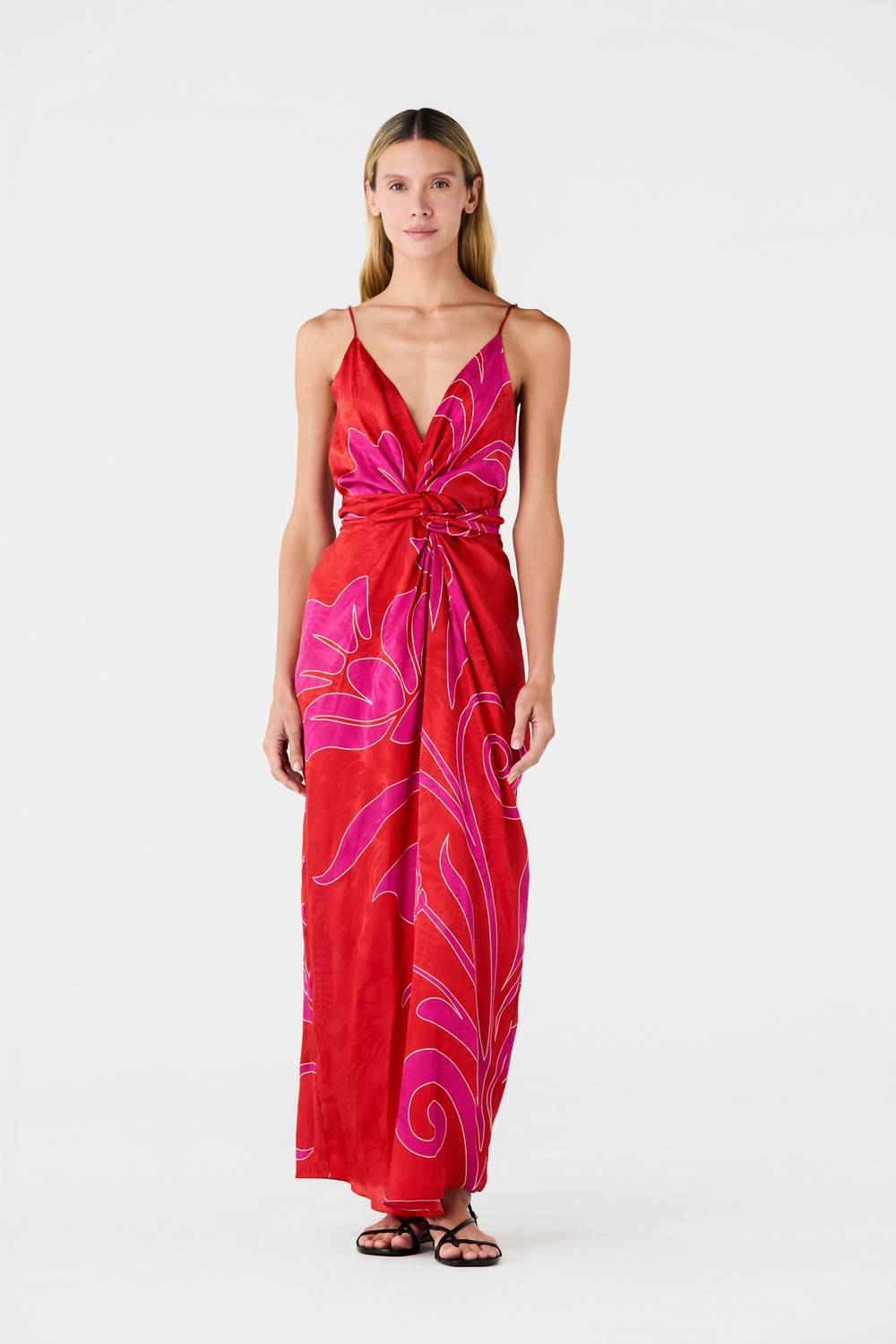 Macarena Silk Midi Dress In Red / Fuchsia