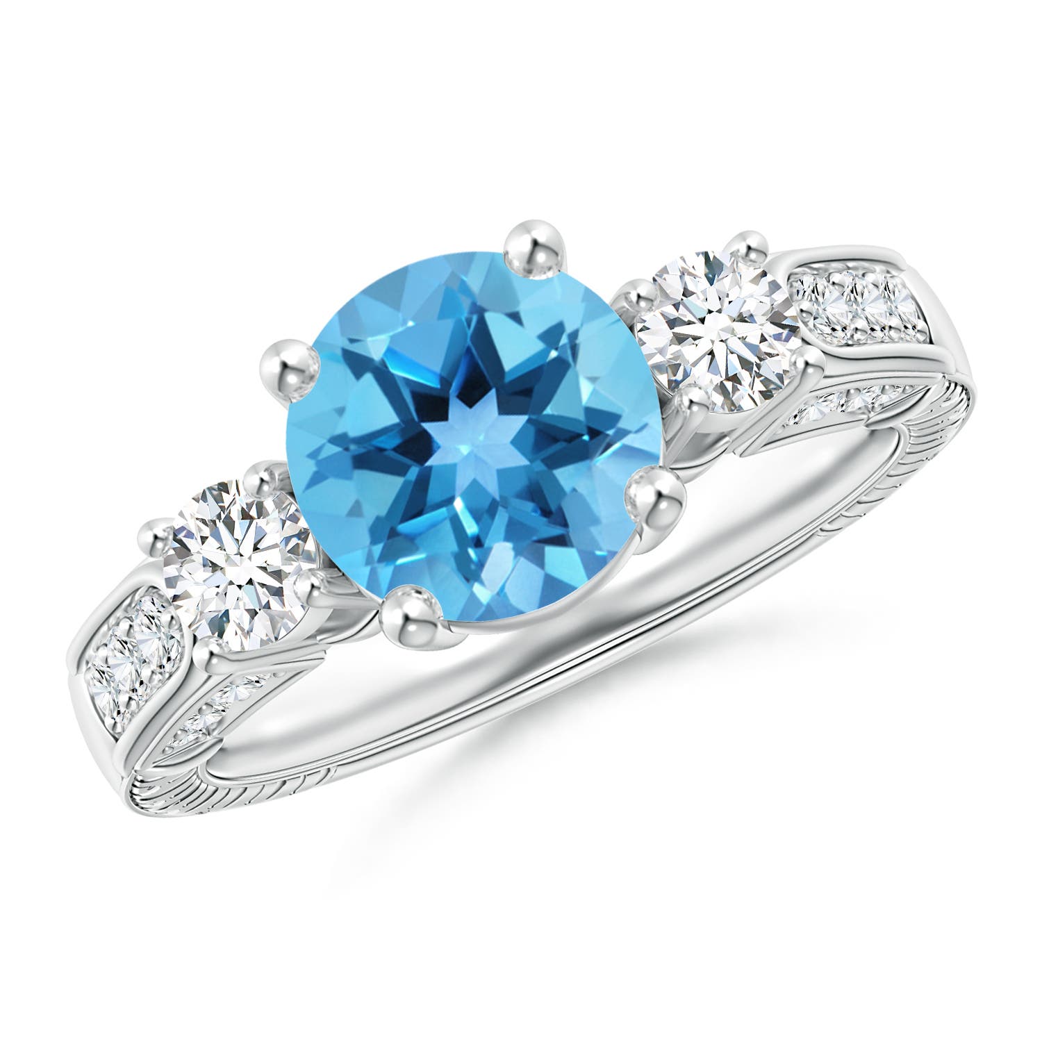 Angara 2.35 Carats Three Stone Round Swiss Blue Topaz and Diamond Ring in Platinum