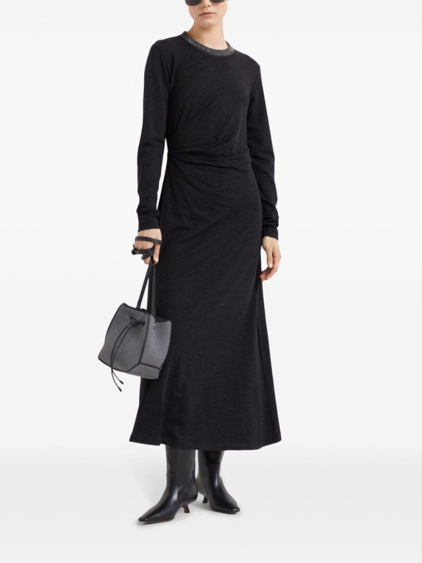Monili-trim gathered dress - Black