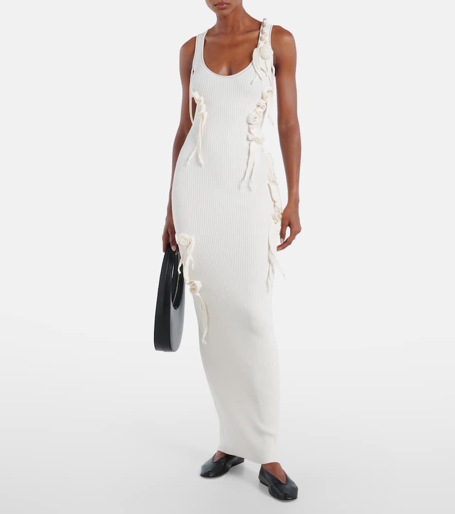 Floral-appliqué ribbed-knit maxi dress