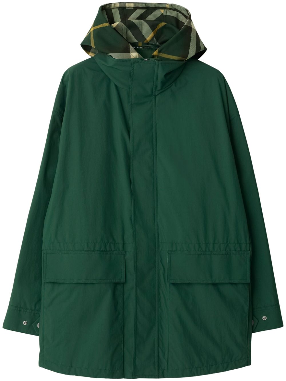 Check-pattern concealed-fastening coat - Green