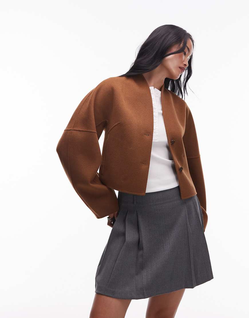 & wool mock neck jacket in brown