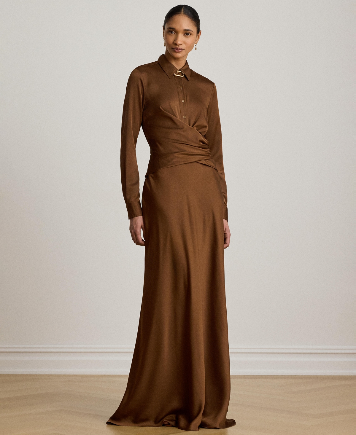 Pleated Button-Up Charmeuse Gown - Light Tobacco