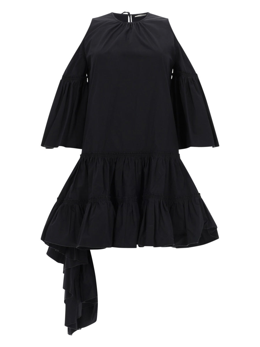 Ruffles' Cotton Popelin Midi Dress with Crewneck with Tie-up Back Drawstring, Sleeves with Cut-out Detail on the Shoulders, Ruffles on the Length with Asymmetric Detail