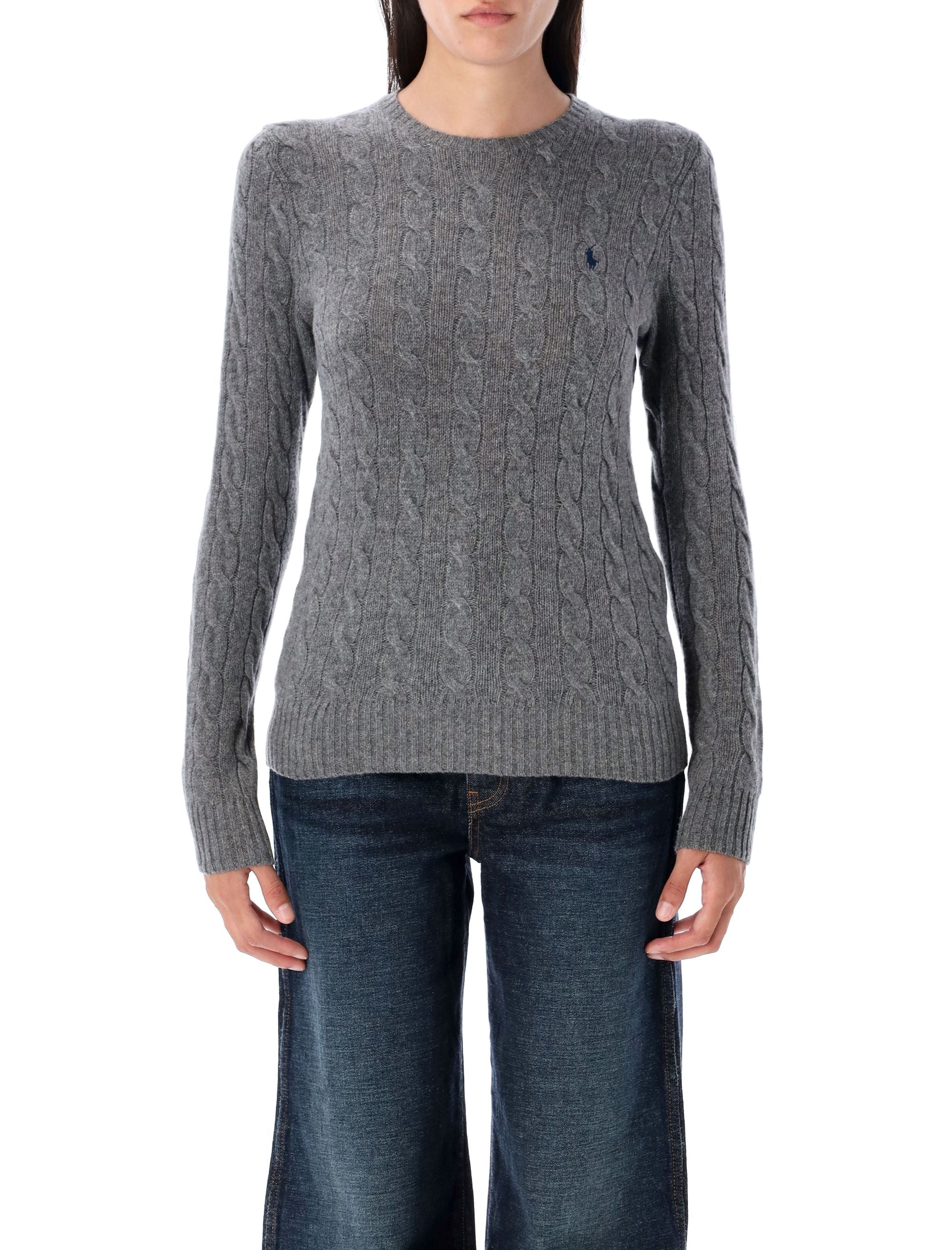 Ribbed Trim Cable Knit Sweater With Embroidered Logo, Crewneck Mini