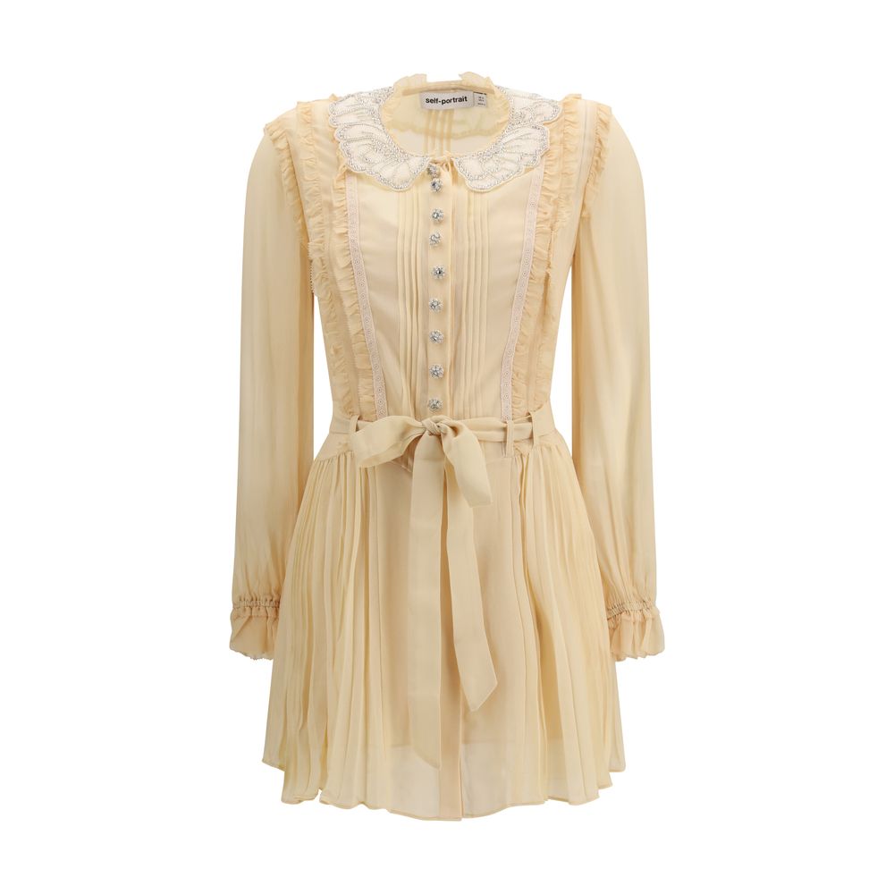 Pleated Georgette with Embellished Collar Dress — Beige