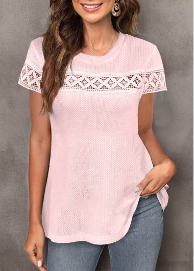 Modlily Light Pink Lace Short Sleeve Round Neck T Shirt