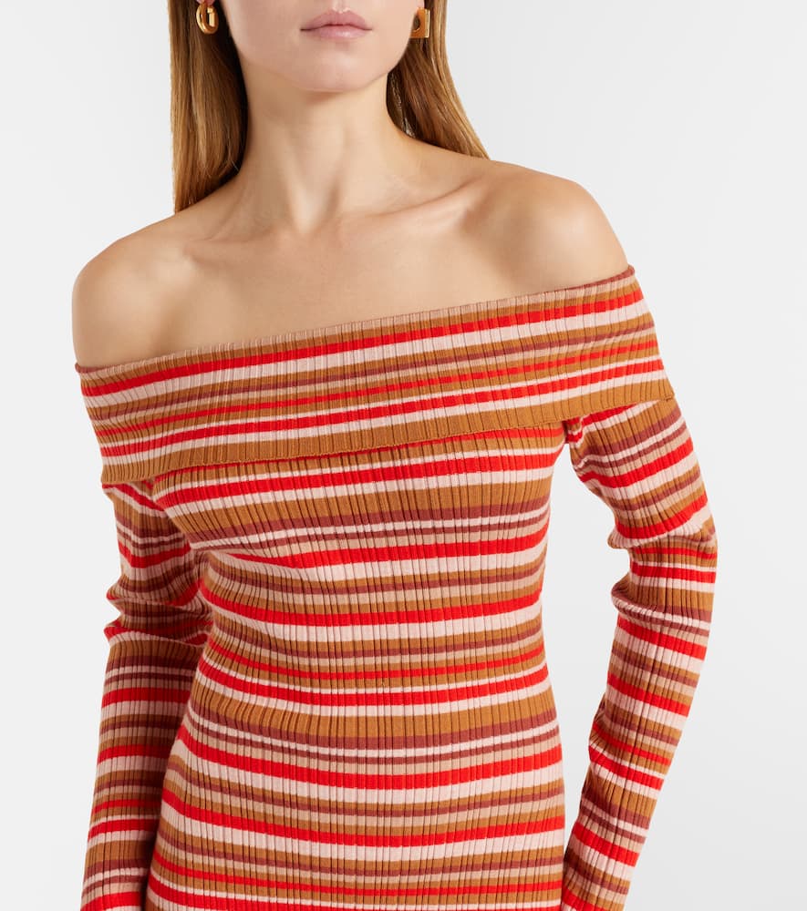 Bonnie ribbed-knit striped off-shoulder maxi dress