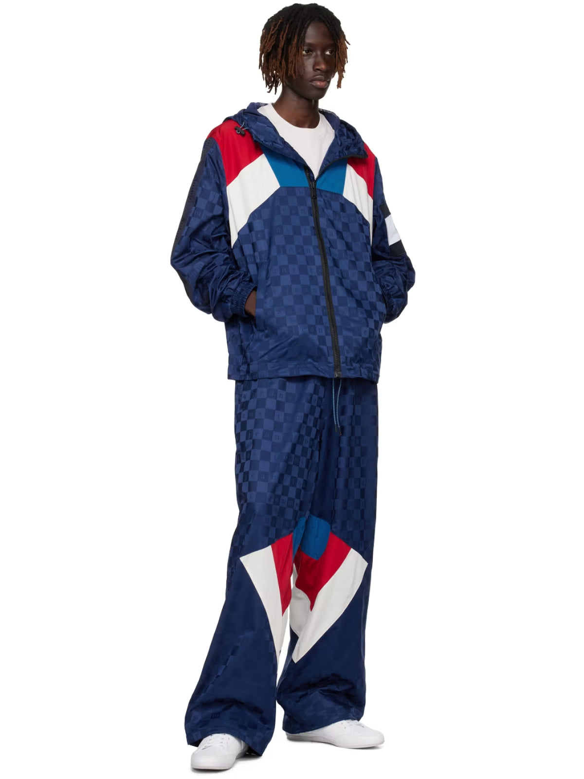 Checkerboard Colour-Blocked Hooded Track Jacket — Blue