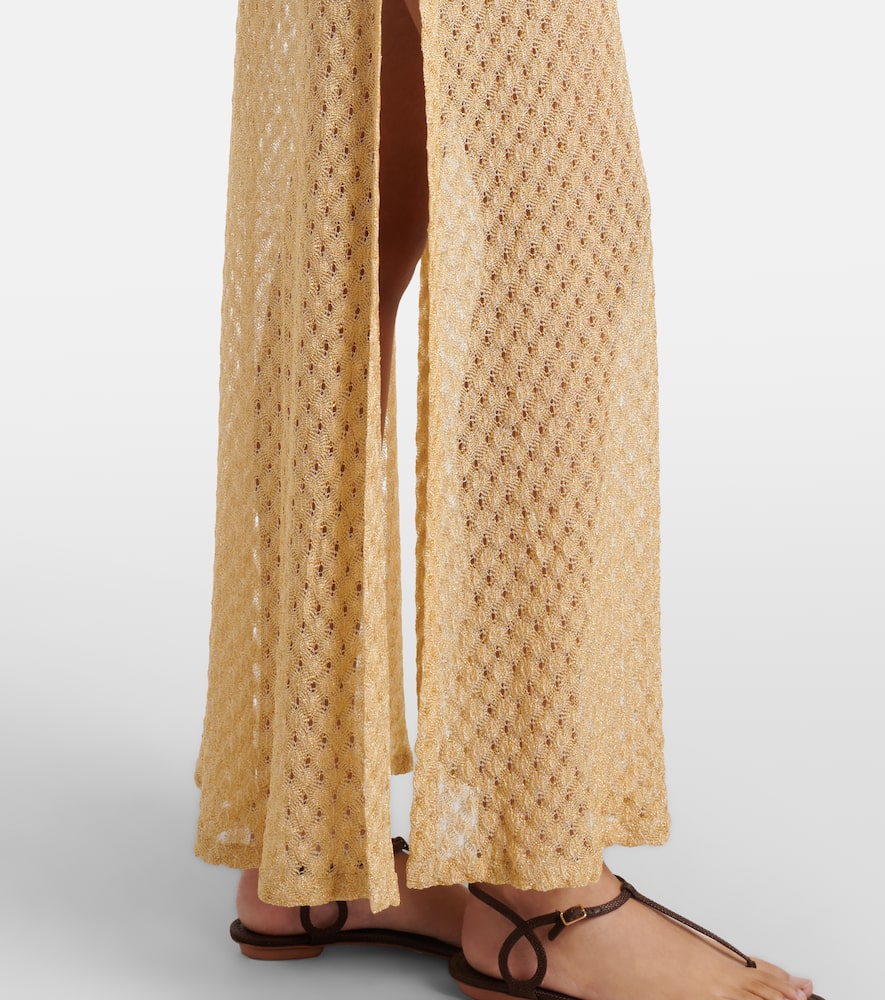 Open-knit tie-neck lamé kaftan