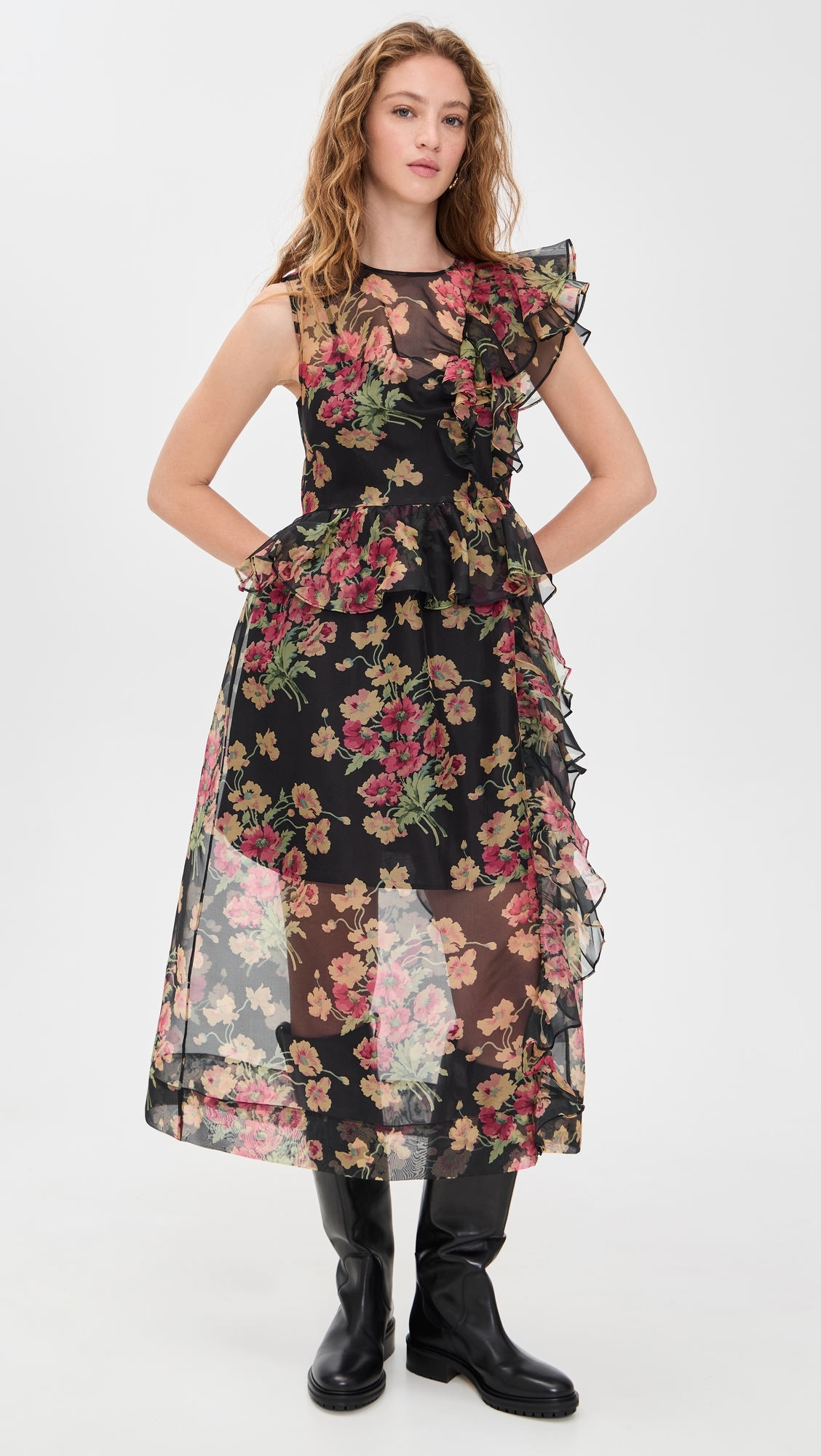 Cornelia Print Midi Silk Dress Black