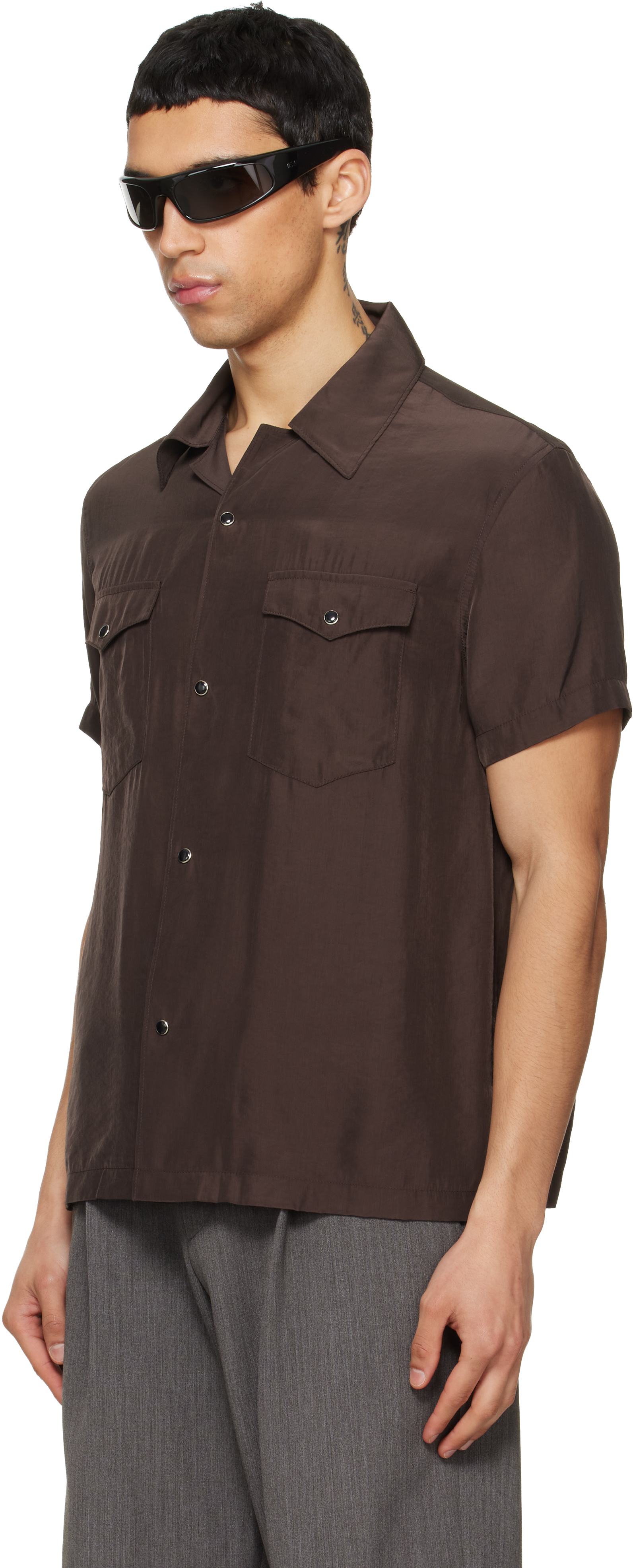 Brown Washed Rayon Pearl Snap Shirt