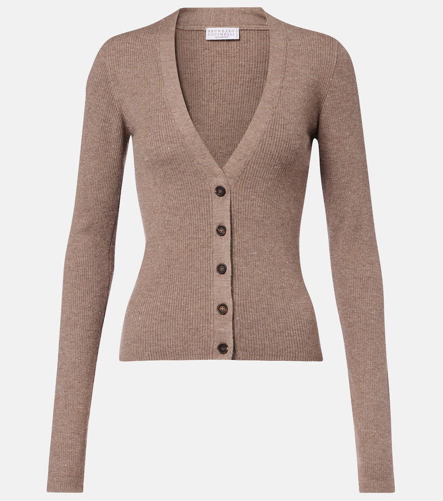 Ribbed-knit lamé cardigan