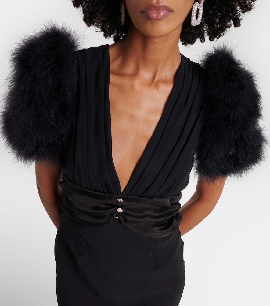 Feather-trimmed silk georgette gown