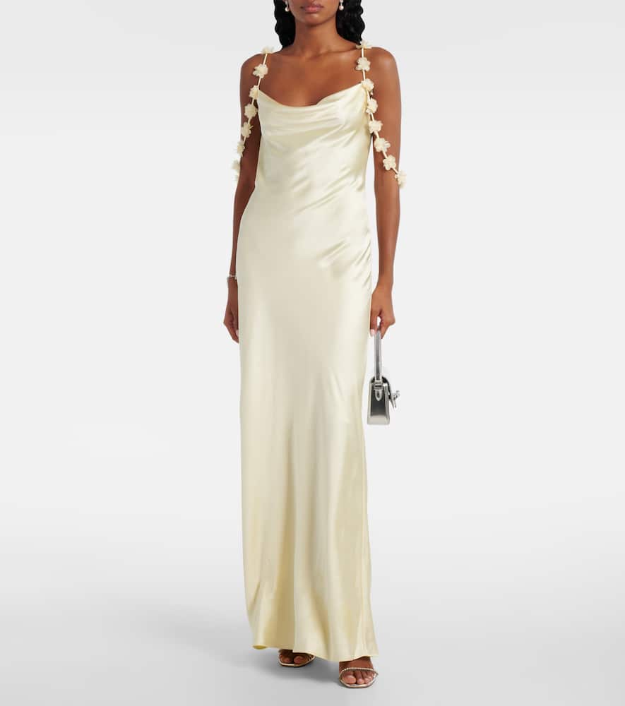 Self-Portrait Floral-appliqué satin maxi dress