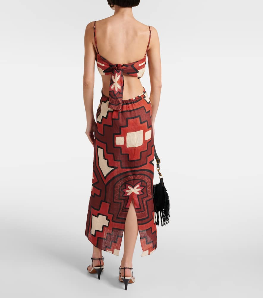Printed cutout linen midi dress