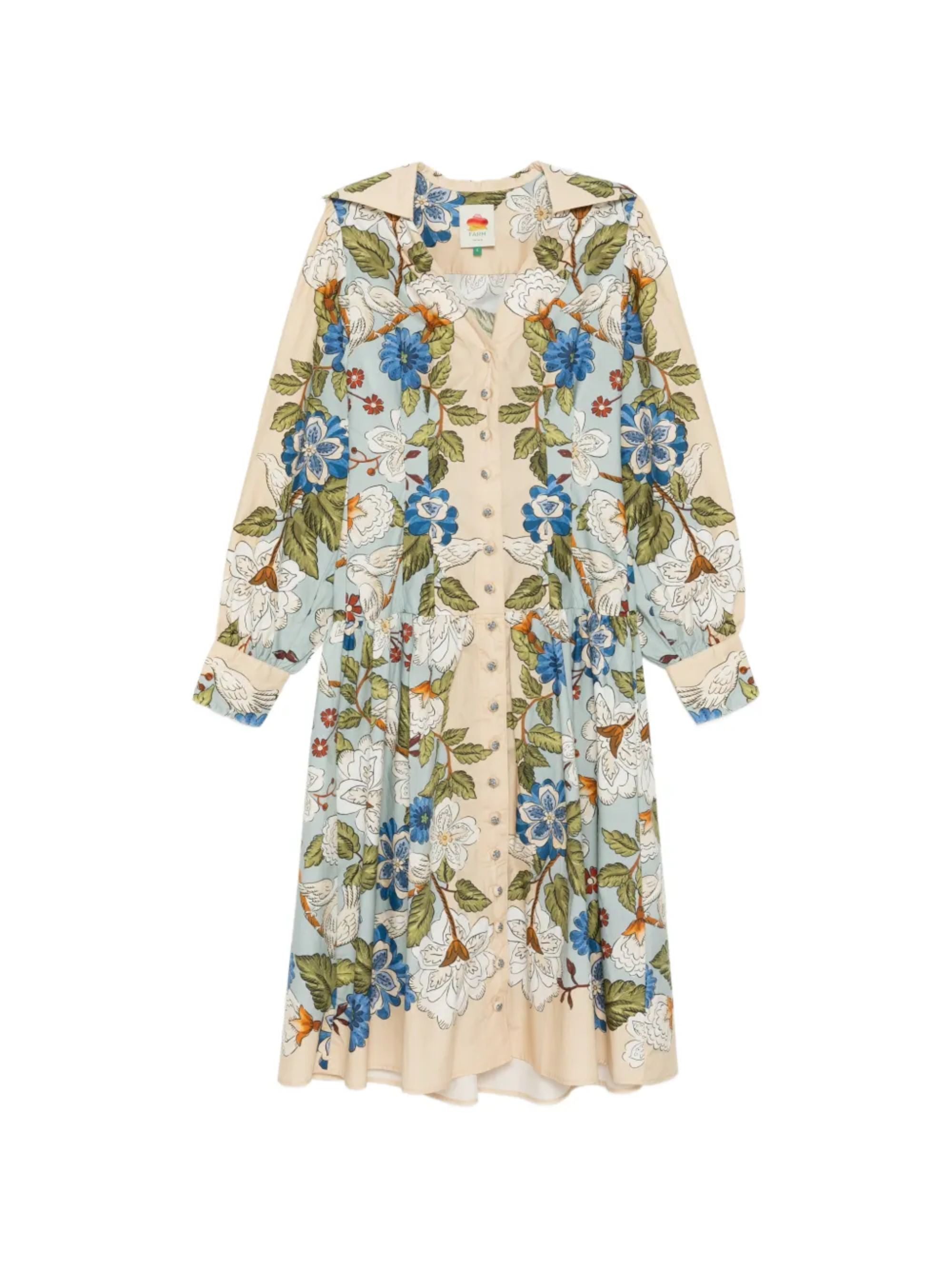 Floral Print Long Sleeve V-Neck Dress with Front Button Fastening