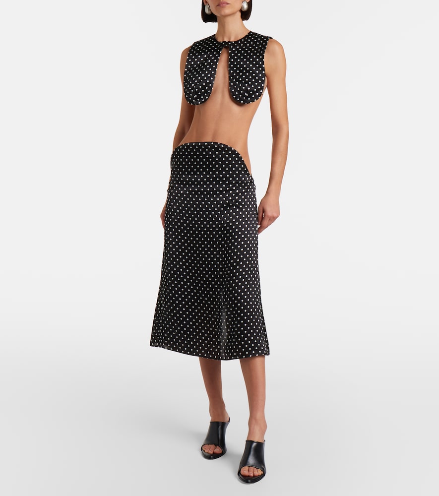Cutout polka-dot silk midi skirt