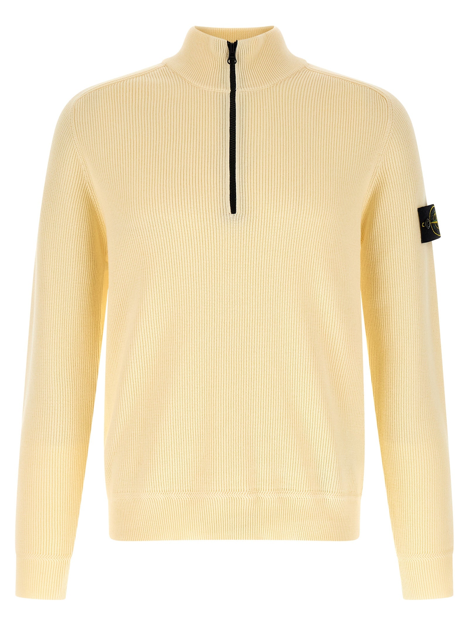 Ribbed Cotton Half-Zip Sweater — Beige