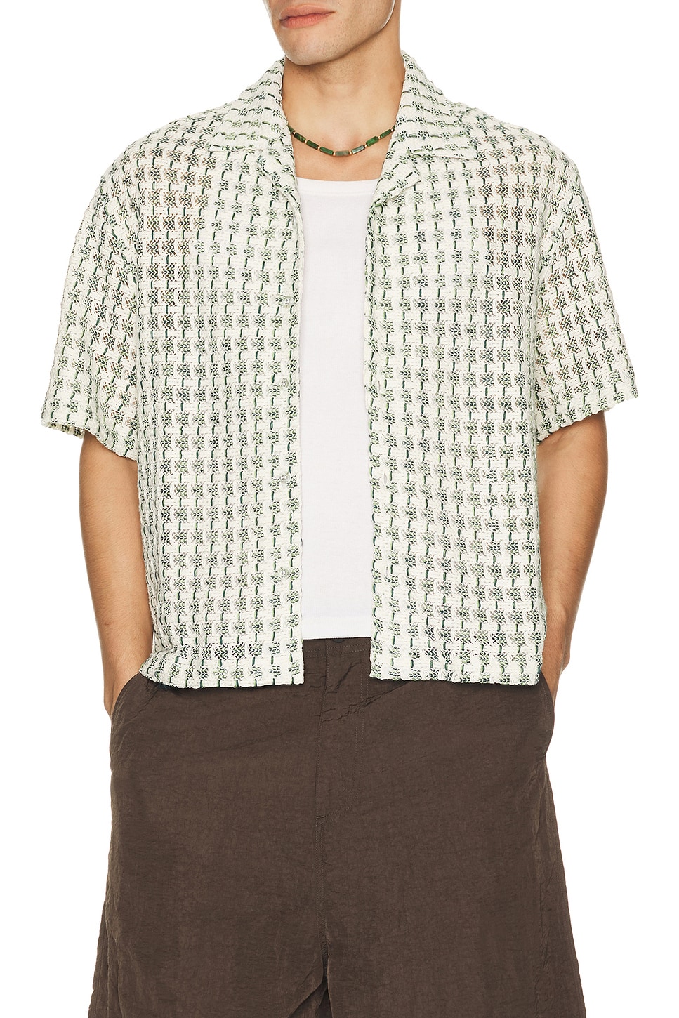 Percival Freddie Crochet Cuban Collar Boxy Shirt in Green