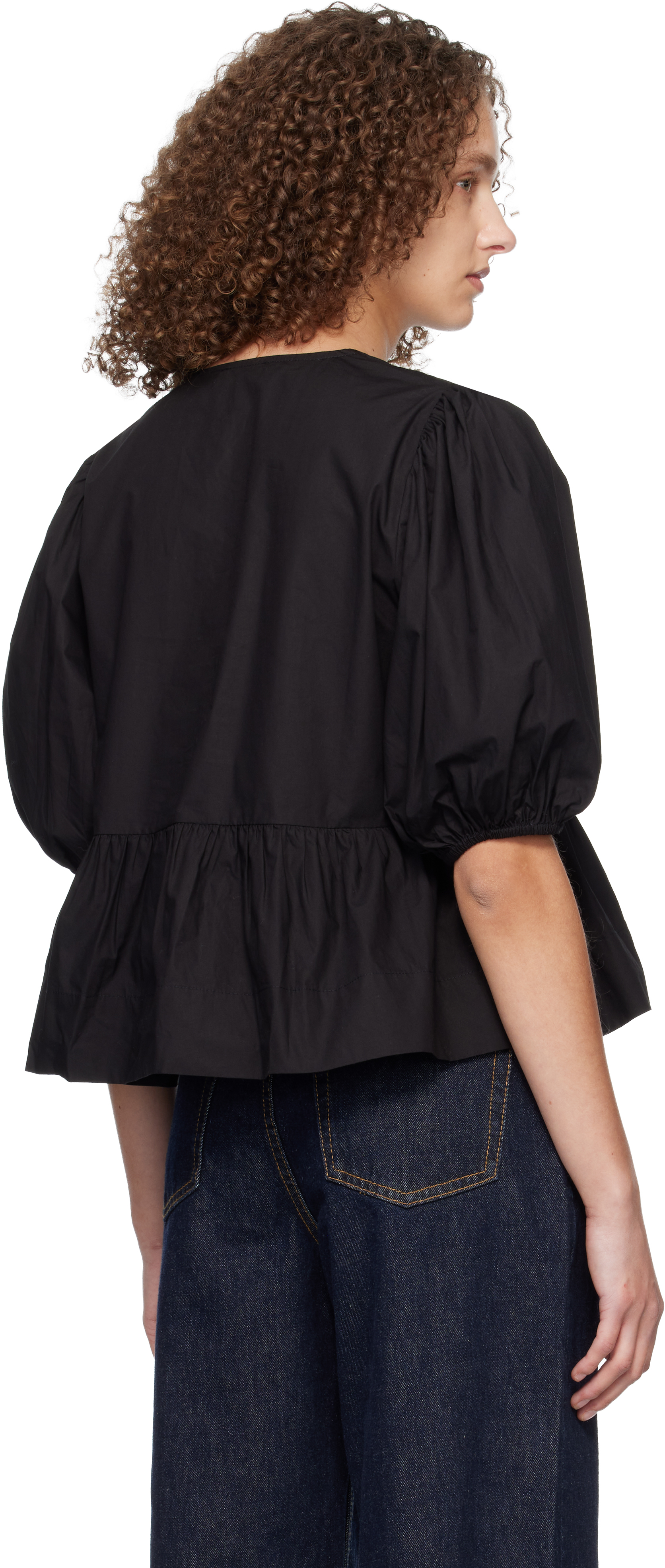 Black Cotton Poplin Peplum Tie Blouse