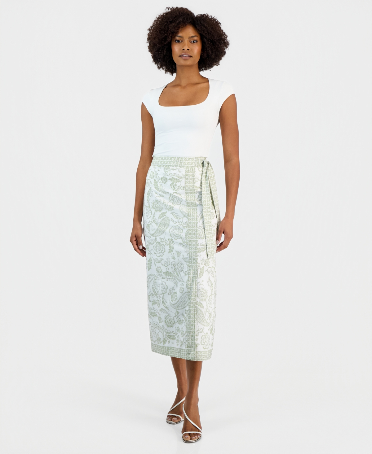 Women's Paisley-Print Faux-Wrap Midi Skirt - Sage